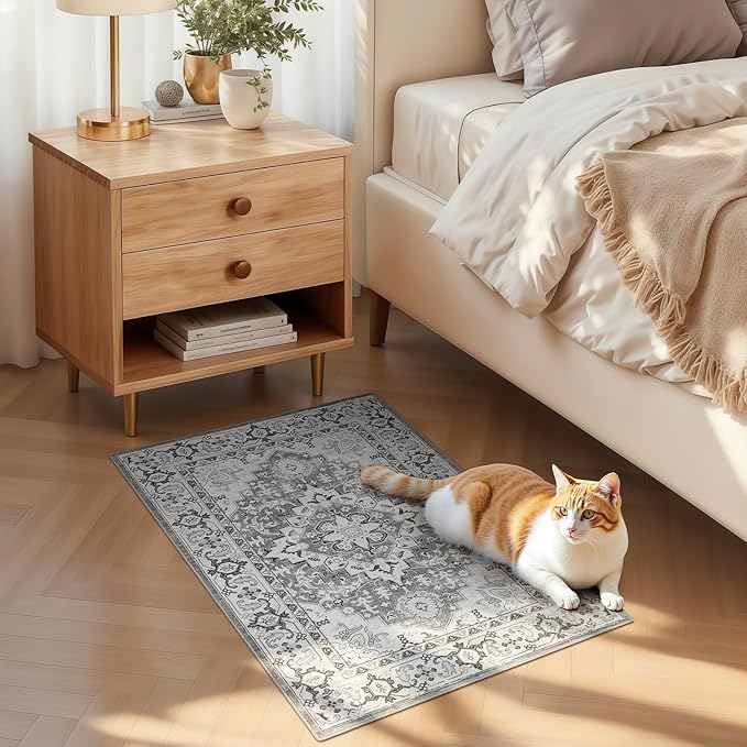 Lofus 2x3 Washable Rug for Entryway Bathroom, Non Slip Kitchen Mats for Floor, Vintage Soft Door Mat Indoor Entrance, Small Area Rugs, Farmhouse Carpet for Entry Living Room Bedroom, Floral Grey