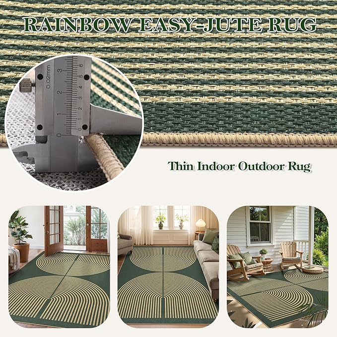 Lahome Enfys Modern Rainbow Easy Jute Indoor Outdoor Rugs, 5x7 Dark Green Rug for Living Room Office, Farmhouse Non Slip Non Shedding Floor Carpet for Dining Room Deck Sunroom