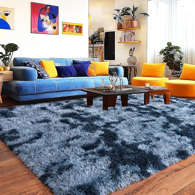 Pionblank 9x12 Area Rug, Large Area Rug for Living Room, Shag Rug for Bedroom, Soft Furry Non Slip Carpet for Kids Room Nursery Teens Dorm Home Decor, Blue Grey