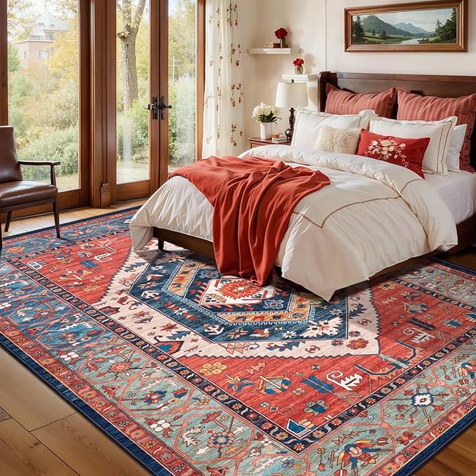 SERISSA 5x8 Area Rugs for Living Room, Large Washable Non-Slip Boho Rug, Ultra Soft Vintage Rust Oriental Tribal Print Distressed Carpet for Bedroom Dining Room Dorm Office Home Decor
