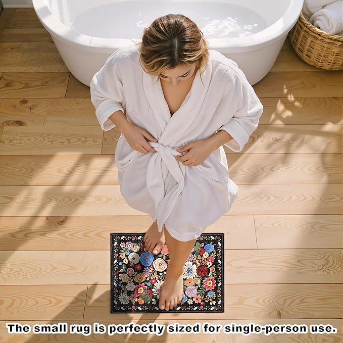 Black/Brown 24x17 Inch Home Decor Entry Rug, Small Door Mat Bath Mats for Bathroom, Ultra-Thin Non Slip Floral Low Pile Tub Mat for Sink Shower Doorway Tub Kitchen Sink(2 x 1.4 ft, Black/Brown)