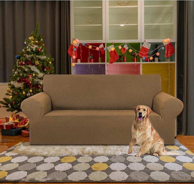 KEKUOU Stretch Loveseat Sofa Cover Slipcover,Couch Covers for 2 Cushion Couch Sofa (55"-78") Furniture Protector Sofa with Elastic Bottom for Kids,Dog. Jacquard Small Checked(Medium,Camel)