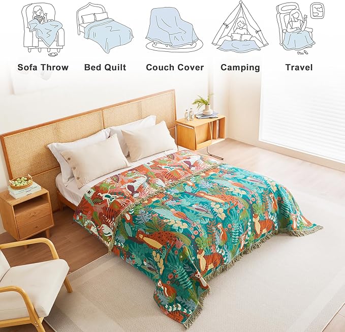 MSGKV Throw Blanket for Bed Cotton Animals Twin Size Couch Blanket 60"x80" Muslin Spring Breathable Lightweight Farmhouse Blankets Home Decor All Seasons
