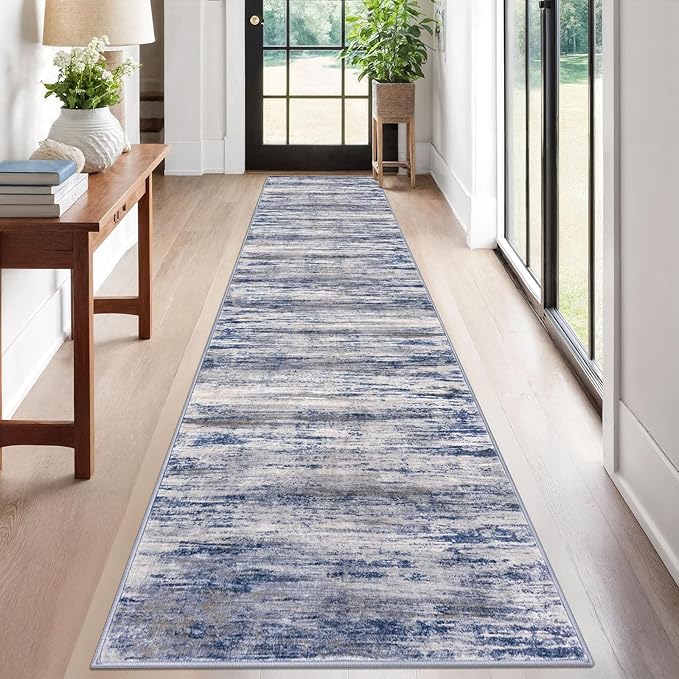 KOZYFLY Modern Abstract Hallway Runner, 2x12 Washable Rug Runner Non-Slip Soft Striped Kitchen Runner Rug, Grey Blue Print Carpet for Entryway Bathroom Laundry Room Foyer