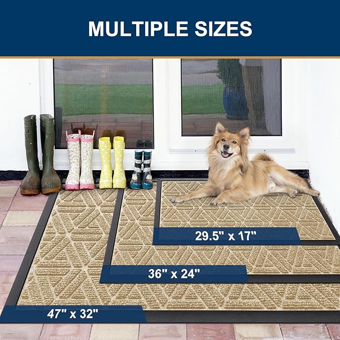 Smiry Front Door Mat Outside Entrance, Heavy Duty Sturdy Natural Rubber Doormat, Trap Dirt and Moisture, Easy Clean Low Profile Mats for Indoor Outdoor Entry, Grid Geometric (59x34, Beige)