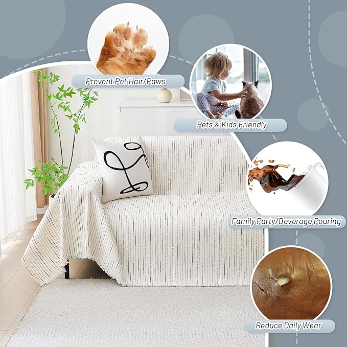MYSKY HOME Couch Cover for Dogs, Sectional Couch Cover, Beige Lines Sofa Covers for Sectional Sofa L Shape Chenille Couch Protector for Dogs Pets Couch Covers Washable Soft Throw, 91"X118"