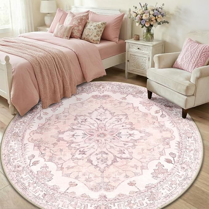 RELEANY Area Rugs 6ft Washable Non-Slip, Floral Vintage Distress Print Pattern Medallion Carpet for Living Room Bedroom Dining Room, Pink Greypink Cute