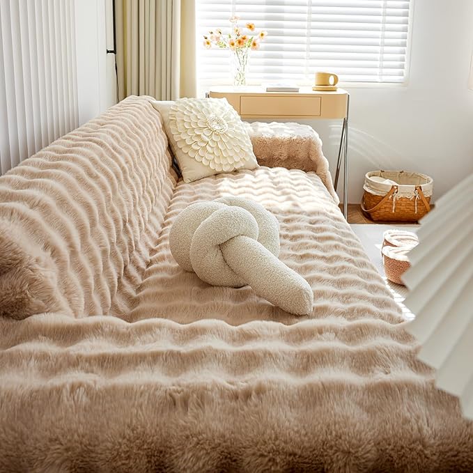 HANDONTIME Plush Sofa Slipcovers Washable Couch Cover for Sofa Super Soft Faux Fur Sofa Covers for 3 Couch Cousion Soild Khaki Rabbit Plush Couch Cushion Covers for Kids Pets,71" X134"