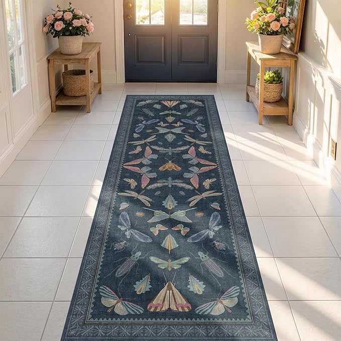 Vintage 2'6"x8' Kitchen Rugs Washable, Non Slip 8ft Long Rugs for Hallway, Stain Resistant Indoor Mats for Entryway, Dark Blue Insect Moth Home Décor, Low Pile & Soft