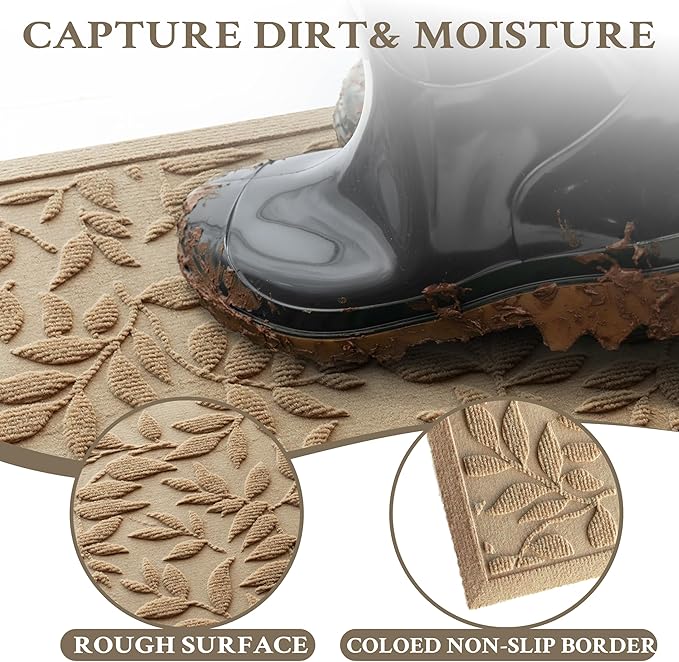 Beige Leaves Outdoor Indoor Entrance Doormats, Absorbent Durable Heavy Duty Welcome Front Door Mat,Thick Natural Rubber Back,Easy Clean Entryway Mat 23x35 Inch, Low Profile