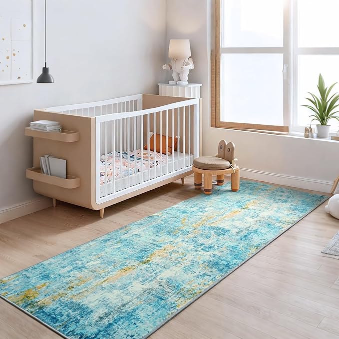 2x6 Teal Blue Rug Runners for Hallways Kitchen Runner Rug Non Slip Washable Long Runner Rugs with Rubber Backing Soft Abstract Carpet Runner for Bedroom, Kitchen, Bathroom, Entryway