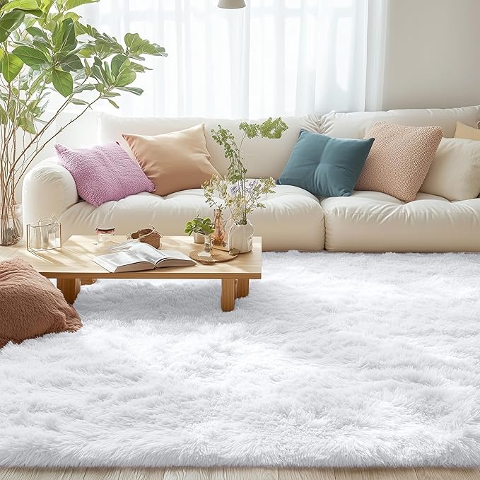 OLANLY 7x12 Machine Washable Large Area Rugs for Living Room, Bedroom, Soft Fluffy Shaggy Bedside Rug, Indoor Floor Carpet for Kids Girls and Boys, Dorms, Nursery, Home Decor Aesthetic, White