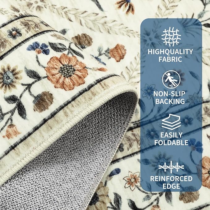 Runner Rug for Hallway Entryway 2.5x8 Farmhouse Floral Non-Slip Machine Washable Kitchen Rug Runner Non-Shedding Low-Pile Soft Long Carpet for Entrance Laundry Room Beige