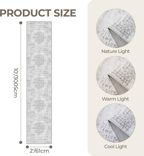2x10 Runner Rug, Long Hallway Rugs for Dining Room, Living Room, Bedroom, Machine Washable Kitchen Carpet Runner with Rubber Backing, Soft Low Pile Indoor Rug(2'x10', Light Grey/White)