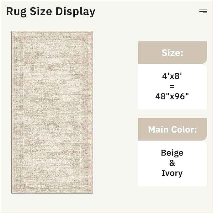 Soalmost Hallway Runner Rug 4x8 Wide: Washable Thin Runners for Hallways Entry, Non Slip Soft Vintage Kitchen Area Rugs for Living Room Bedroom Dining Room Foyer (Beige, 4x8)