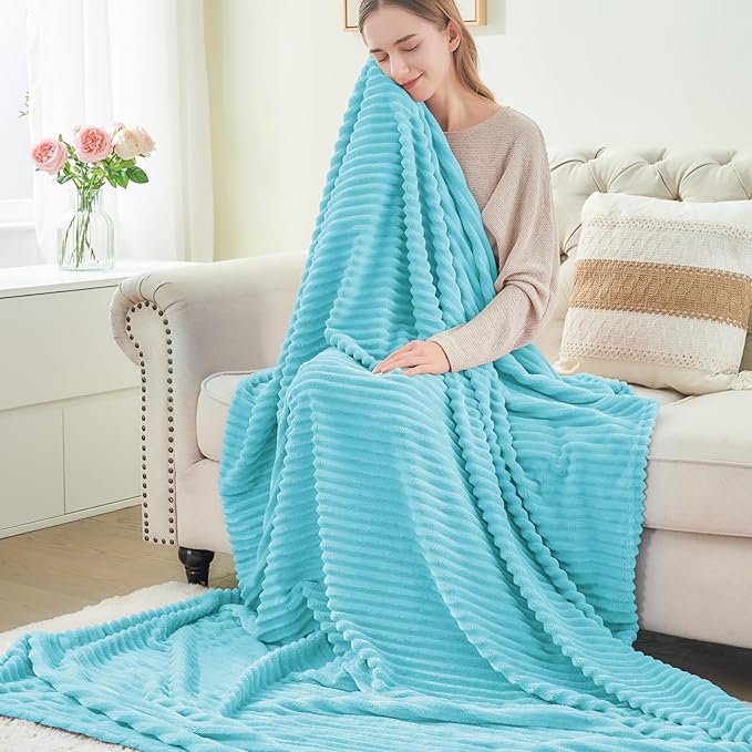 BEDELITE Fleece Blanket Twin Size – 3D Ribbed Jacquard Soft and Warm Decorative Fuzzy Blankets – Cozy, Fluffy, Plush Lightweight Throw Blankets for Couch, Bed, Sofa(Light Blue, 60x80 inches)