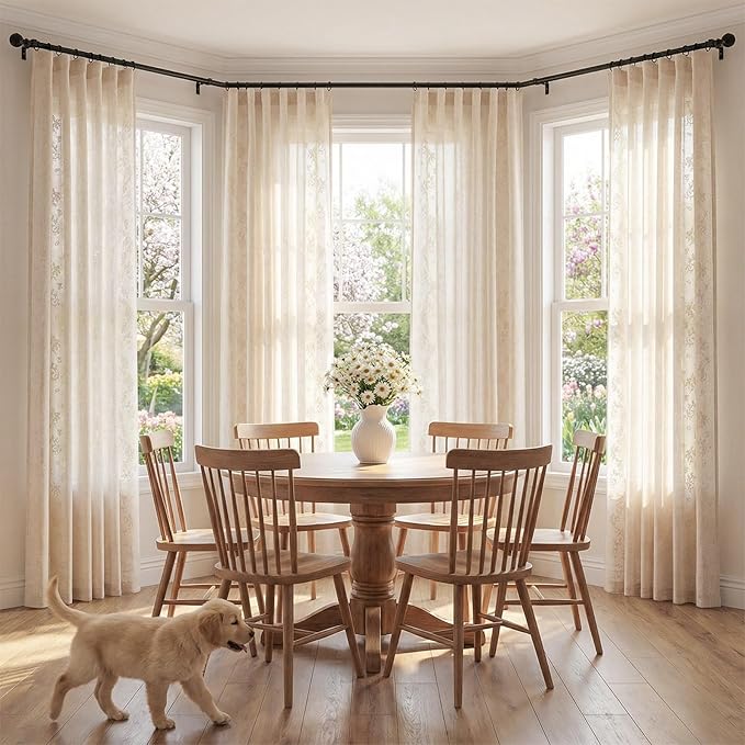jinchan Evelyn Embroidered Linen Curtains for Living Room Farmhouse Floral Curtains for Bedroom Semi Sheer Light Filtering Window Drapes Rod Pocket Back Tab 2 Panels W50 x L96 Ivory