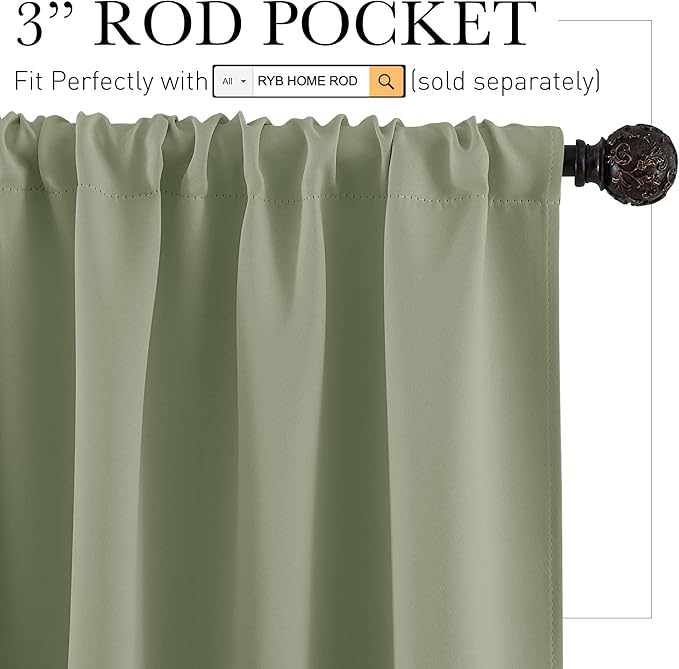 RYB HOME Blackout Curtains for Bedroom Living Room 63 inches Long, Thermal Insulated Privacy Rod Pocket Drapes for Nursery Office Home Theater, Width 42 by Length 63, Sage Green, 2 Panels