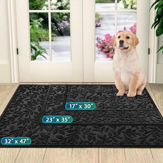 Bulijojo Sturdy Front Entrance Doormats,Durable Heavy Duty Welcome Mat,Thick Absorbent Natural Rubber Non Slip Mat,Easy Clean Entryway Mat 17x30 Inch Leaves Black