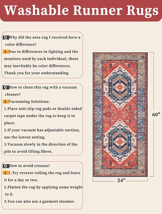 SERISSA Boho Washable Runner Rug, 2x5 Non-Slip Vintage Rust Hallway Kitchen Runner Rug Ultra Soft Print Distressed Tribal Floor Carpet for Bedroom Bathroom Laundry Living Room