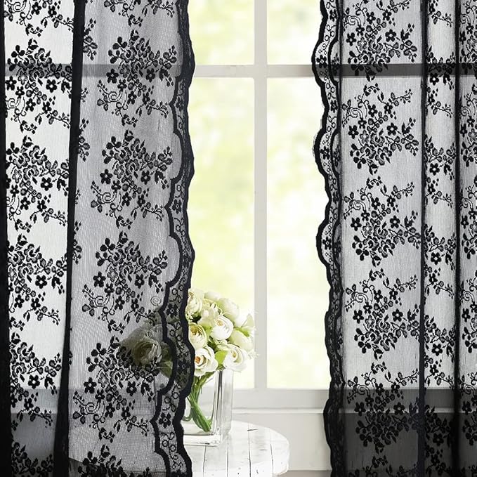 YJ YANJUN Vintage Lace Curtains 72 inch Length Goth Black Floral Sheer Sidelight Curtains for Front Door Coffin/Dark/Halloween/Spooky/Skull/Moody/Witch/Creepy Room Decor 52" W x 72" L