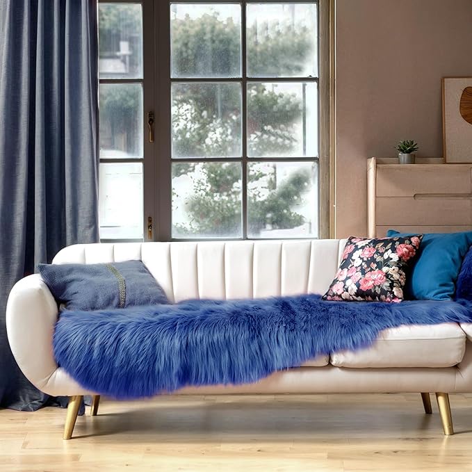 Ciicool Ultra Soft Faux Sheepskin Fur Rug Fluffy Rug for Bedroom Fuzzy Carpet for Living Room Kid's Room Nursery Decor, Dark Blue 2 x 6 Feet