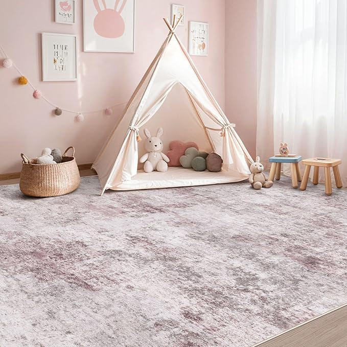 UERMEI 9x12 Area Rug Living Room Rugs - Washable Neutral Modern Abstract Soft Thin Large Rug Indoor Floor No Slip Rug Carpet for Bedroom Under Dining Table Home Office Decor - Pink