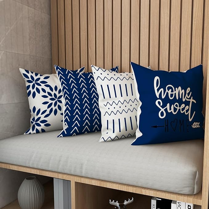 YCOLL Pillow Covers 20x20 Set of 4, Modern Sofa Throw Pillow Cover, Decorative Outdoor Linen Fabric Pillow Case for Chair Sofa Couch Bed Car, Dark Blue