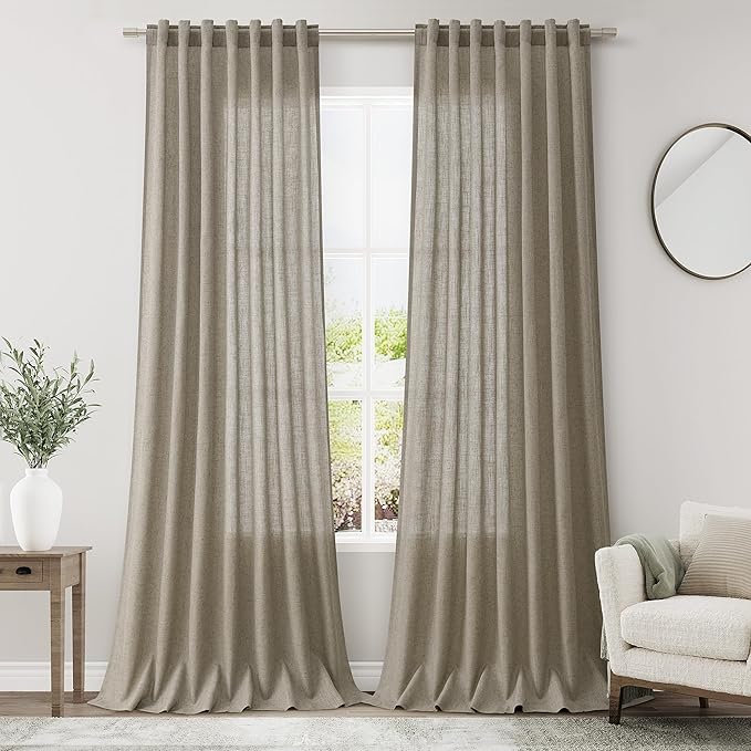 Extra Long Mocha Curtains 2 Panels 102 Inches Long for Living Room Back Tab Rod Pocket Light Filtering Semi Sheer Drapes Cotton Linen Textured Window Curtain 102 Inch Length for Bedroom 9 FT