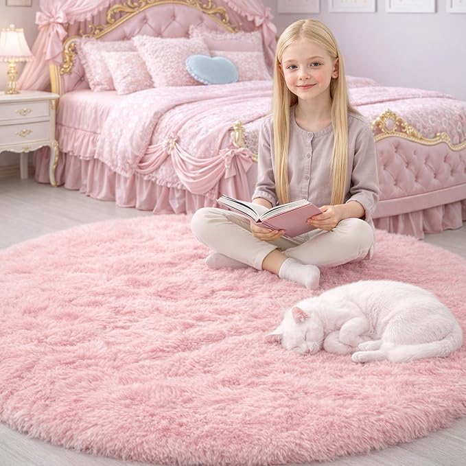 Amdrebio Pink Round Area Rugs 8Ft for Living Room, Bedroom Decor, Soft Large Circle Rug for Kids Room, Teen Girls, Fluffy Big Carpets for Baby Nursery, Dorm, Classroom, Cute Kawaii Princess Carpet