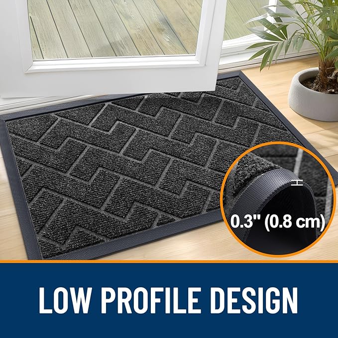 OLANLY Front Door Mat Indoor Outdoor Entrance, Waterproof All-Season, All-Weather Doormat, Sturdy Natural Rubber, Low Profile, Easy Clean Patio Porch Entryway Mat, Herringbone Brick (Black, 59x35)