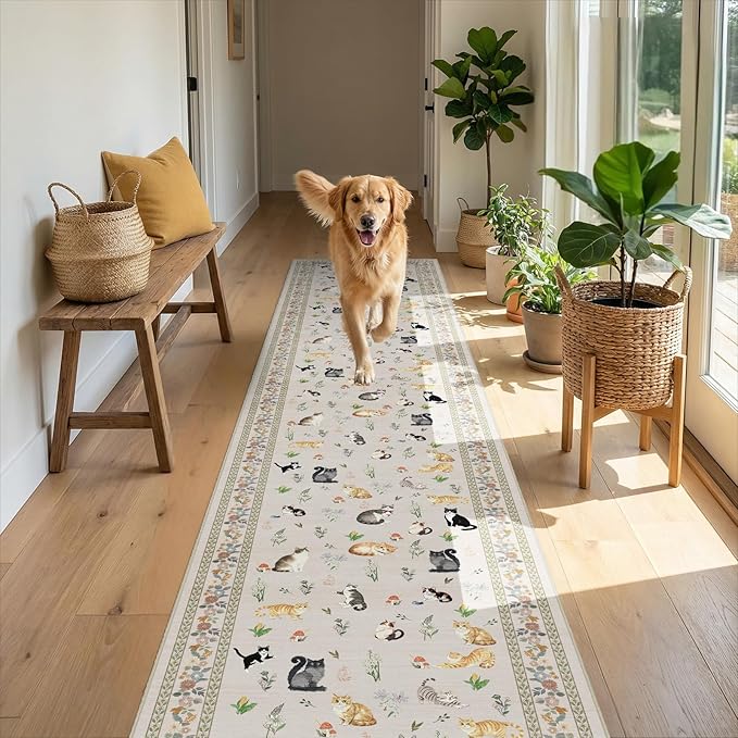 2x10 Washable Hallway Runner Rug - Soft Low Pile Floral Animal Cat Print Rugs with Non-Slip Backing Waterproof Stain-Resistant Indoor Carpet for Kitchen Entryway Bathroom Bedroom (Light Beige)