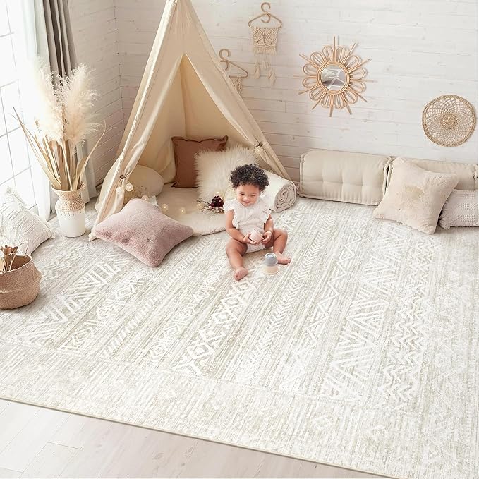 6x9 Area Rugs for Living Room: Washable Moroccan Geometric Boho Rug Farmhouse Non Slip Stain Resistant Large Rug Low Pile Soft Carpet for Bedroom Dining Room Home Office Kids Room (Ivory Beige,6'x9')