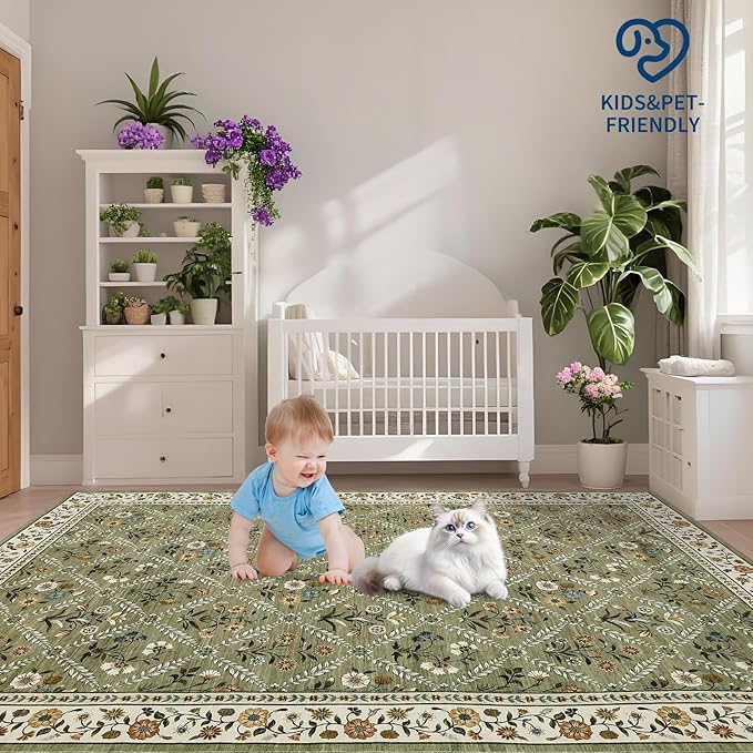 Washable Kitchen Runner 2x6 Non-Slip Floral Carpet Runner for Entryway Indoor Ultra Soft Stain Resistant Long Rugs Farmhouse Floor Mat for Hallways Laundry Bedroom Green