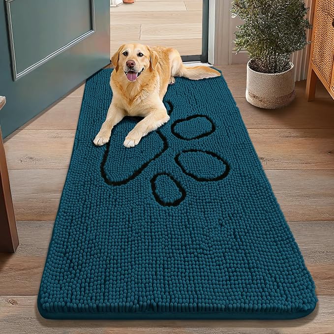 Smiry Dog Door Mat for Muddy Paws, Absorbent Dirt Trapper Non Slip Quick Dry Washable Chenille Mat for Mud Dogs, Entry Rug for Indoor and Outdoor (48x30 Inches, Atlantic Blue and Black)