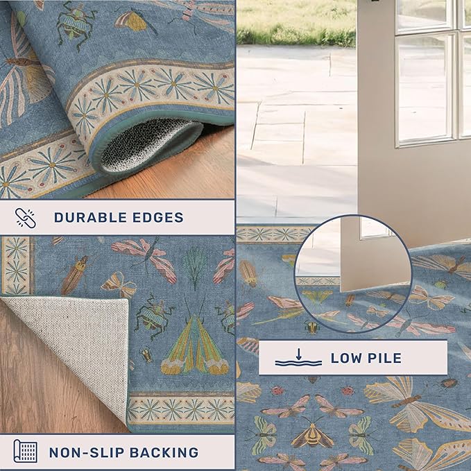 Hazo Haus Boho Non Slip Kitchen Rug Runner - 2x5 Blue Washable Thin Rug for Bathroom, Laundry Room, Hallway, Non Slip with Rubber Backing, Insect Print Unique Runner