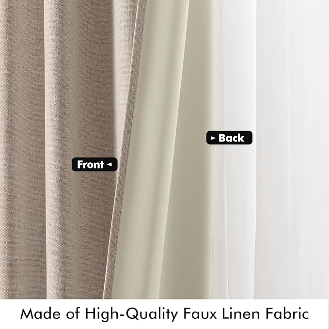MIULEE 100% Blackout Linen Curtains for Bedroom, Beige Solid Luxury Decor Thermal Insulation Room Darkening Drapes for Living Room Nursery Back Tab Rod Pocket 42 x 96 Inches, 2 Panels