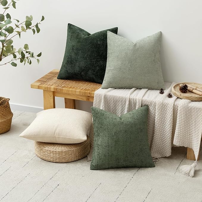 MIULEE Pack of 4 Couch Throw Pillow Covers 18x18 Inch Neutral Green Soft Decorative Chenille Pillow Covers Farmhouse Accent Cushion Covers for Boho Spring Home Decor Sofa Bedroom Living Room