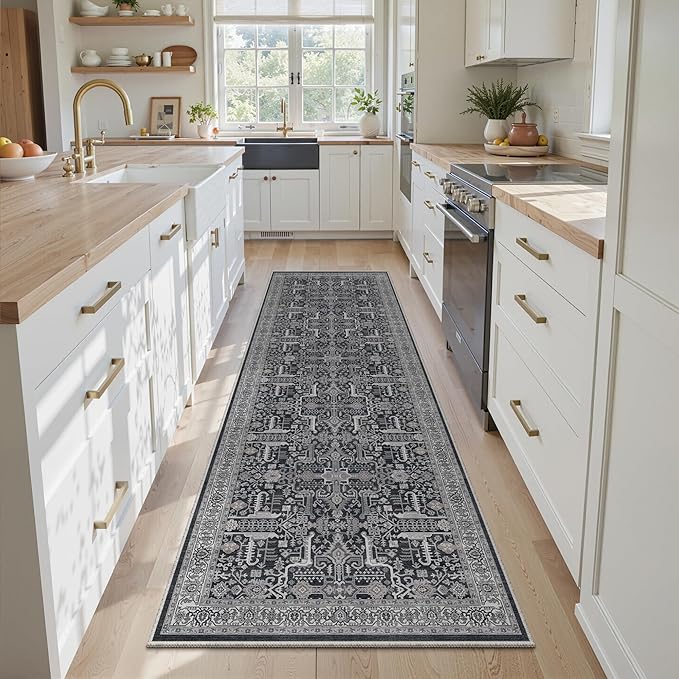 Washable 2x8 Runner Rug - Non Slip Vintage Kitchen Runner Rugs Low-Pile Distressed Long Rugs for Hallway Waterproof Indoor Carpet for Living Room Bedroom Entryway 2x8 Black