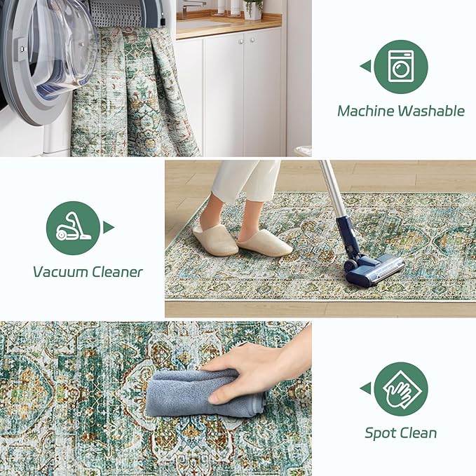 Madane Hallway Runner Rug 2x12, Extra Long Washable Runner Rugs with Rubber Backing, Non Slip Carpet Runner for Hallway, Vintage Rug Runners for Kitchen Laundry Room Entryway (Green, 2'x12')