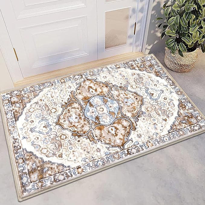 HEBE Washable Area Rug - 2'x3' Non Slip Soft Distressed Medallion Bedroom Boho Living Room Accent Throw Vintage Entry Floor Carpet for Dining Room Bathroom Entryway