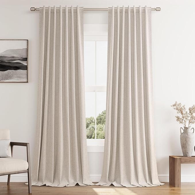 Guken Oatmeal 100% Blackout Curtains 108 Inch Length 2 Panels Set for Living Room Bedroom Back Tab Thermal Insulated Black Out Linen Drapes Room Darkening Window Curtains 108 Inches Long