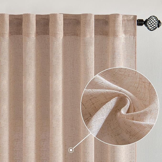 MIULEE Natural Beige Linen Curtains 90 Inch Long 2 Panels for Bedroom Living Room, Soft Linen Textured Window Drapes Semi Sheer Light Filtering Back Tab Rod Pocket Farmhouse Burlap Look Decor
