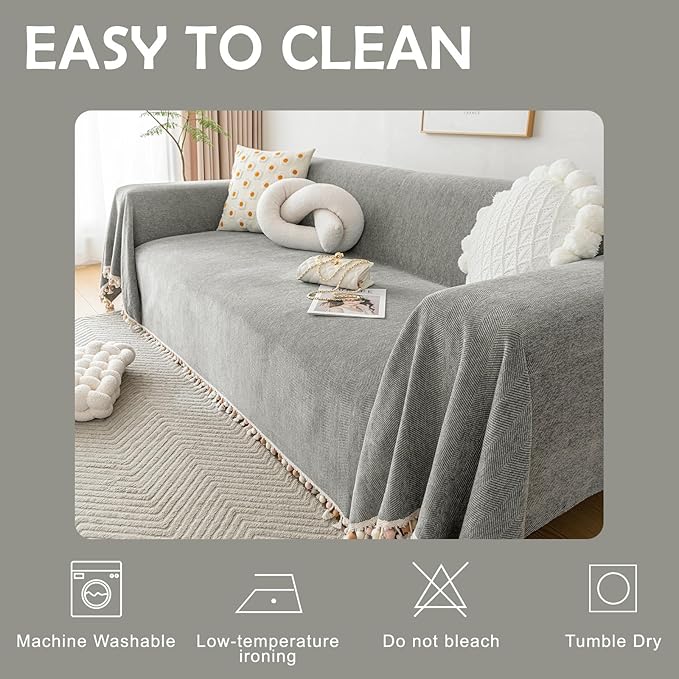 HANDONTIME Couch Slipcovers for Sofas Dark Grey Couch Cover Sofa Cover for Dogs Boho Pet Couch Protector with Tassel Sectional Throw Cover Chenille Herringbone Couch Cover for 3 Seat Sofa, 91" X150"