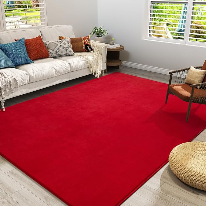 Amearea Modern Area Rugs for Bedroom Living Room, 4x6 Feet Red Thickened Memory Foam Rug, Fluffy Indoor Washable Rugs Non Slip Minimalist Carpet for Kids Boys Girls Dorm Nursery Room Decor