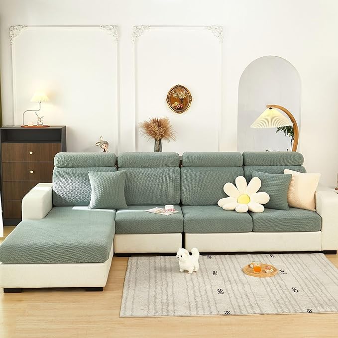 Sofa Covers Couch Covers for Sofa Pet Friendly Couch Cushion Covers Universal Sofa Covers Washable Stretch Slipcovers for Sectional Sofa (Texture Green, 3 Seats + Chaise Cover)