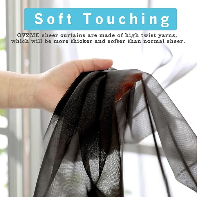 OVZME Black Sheer Curtains Dark Color Curtain Panels for Living Room, Light Reducing Sheer Curtains 108 inch Length 2 Panels Set Rod Pocket Window Panels