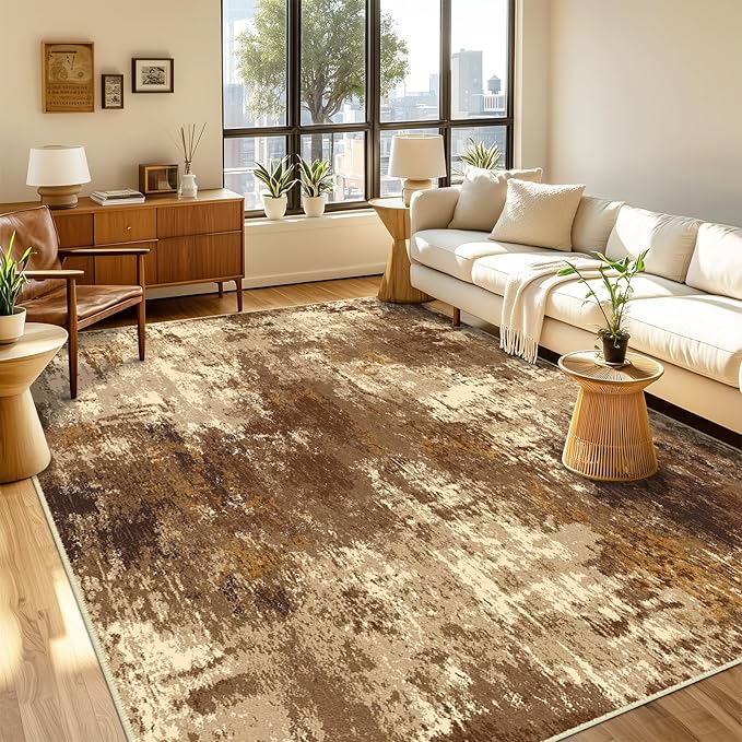Washable Area Rugs 2'x8' Non-Slip Modern Abstract Soft for Living Room Entryway Bedroom Nursery, Print Pattern, Brown Tan Beige Coffee