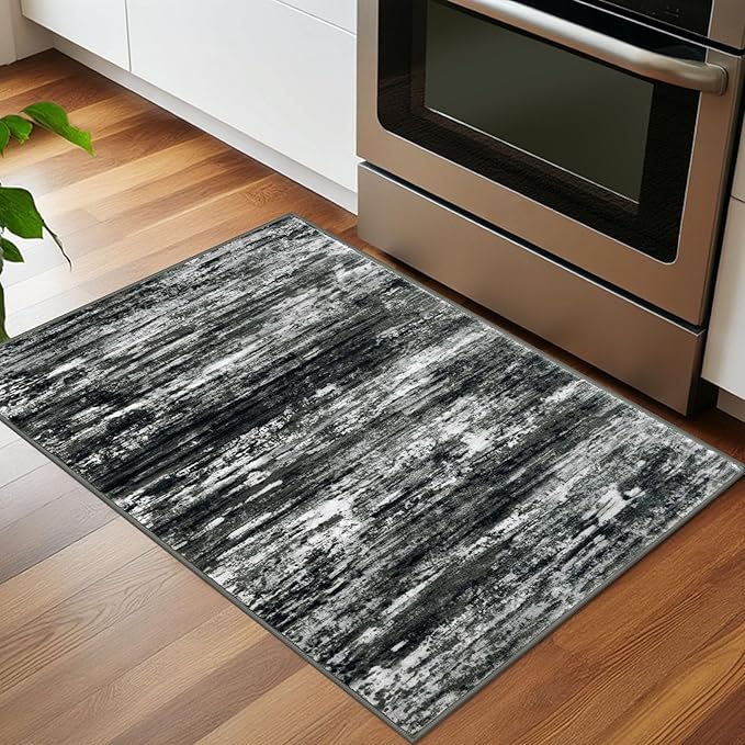 KOZYFLY Modern Abstract Entryway Rugs 2x3, Washable Kitchen Rug Non-Slip Soft Small Bathroom Rug, Black Grey Striped Small Area Rugs Print Faux Wool Doormat for Bedside Entrance Bedroom Sink
