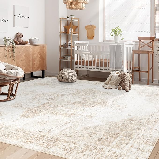 Area Rug 5x7 Washable Rug, Vintage Boho Medallion Rugs Non-Slip Soft Low Pile Large Distressed Rug Indoor Retro Carpet for Living Room Bedroom Dining Room Home Office (Beige, 5'x7')